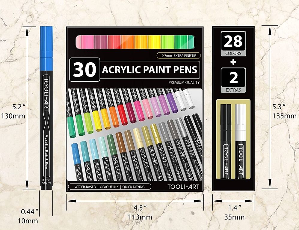 sg stock] TOOLI-ART Paint Pens Acrylic Markers 30 Set 0.7Mm Extra Fine Tip  For Rock, Canvas, Most Surfaces. Non Toxic, Water-Based, Quick Drying,  Hobbies & Toys, Stationery & Craft, Craft Supplies 