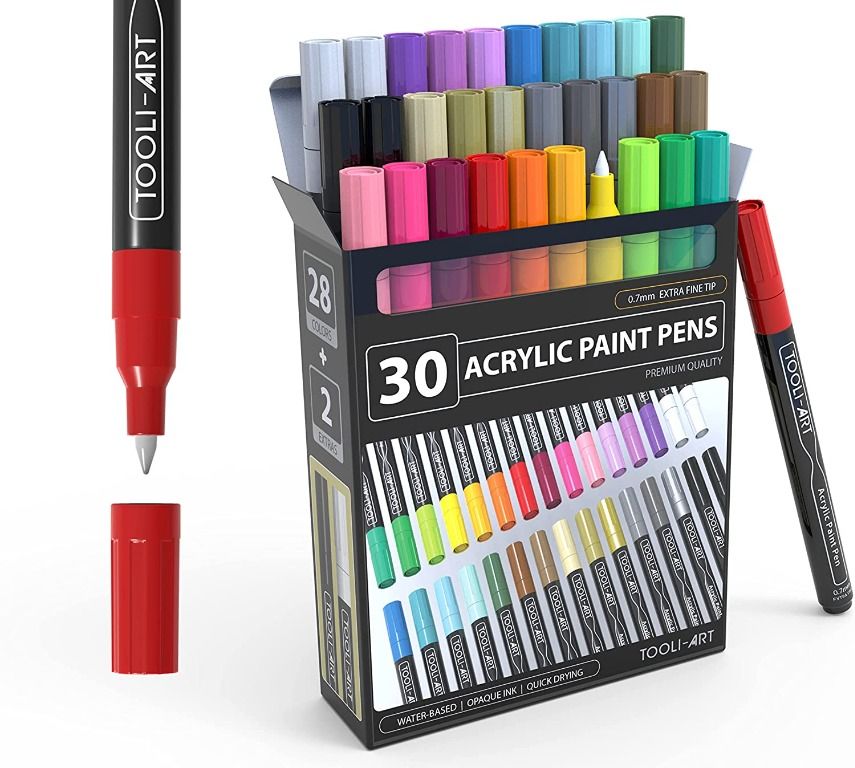 sg stock] TOOLI-ART Paint Pens Acrylic Markers 30 Set 0.7Mm Extra Fine Tip  For Rock, Canvas, Most Surfaces. Non Toxic, Water-Based, Quick Drying,  Hobbies & Toys, Stationery & Craft, Craft Supplies 