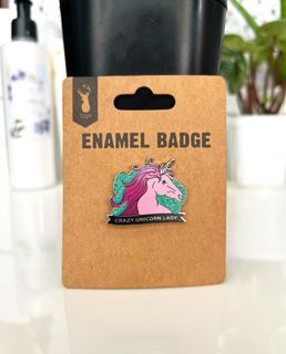 Typo Crazy Unicorn Lady enamel badge