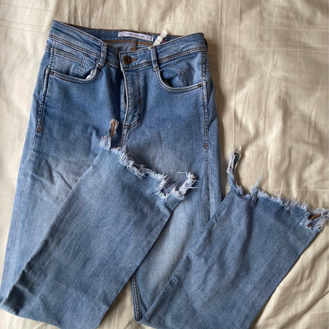 Zara Flared ripped bell denim jeans mid wash, Women's Fashion