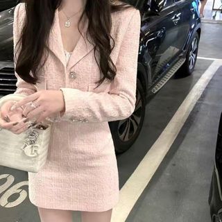 預購 名媛小香風套裝粉色西裝外套