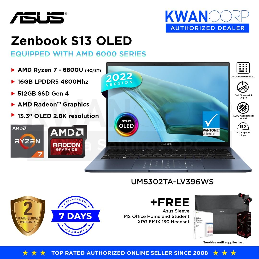 ASUS Zenbook S13 OLED (2022 MODEL) UM5302TALV396WS AMD Ryzen 7 6800U 16GB RAM AMD Radeon