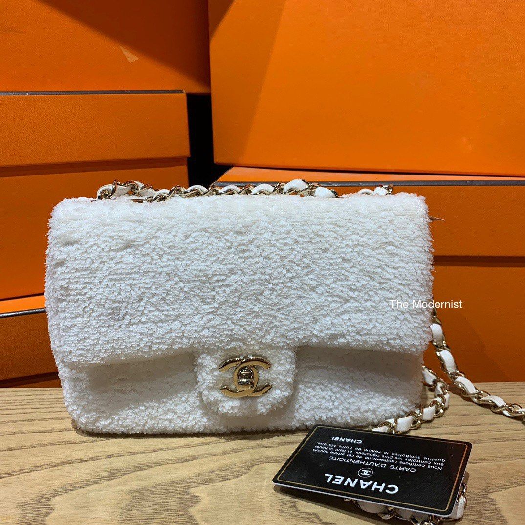 Authentic Chanel 2019 White Sequin Mini Flap Bag with Gold