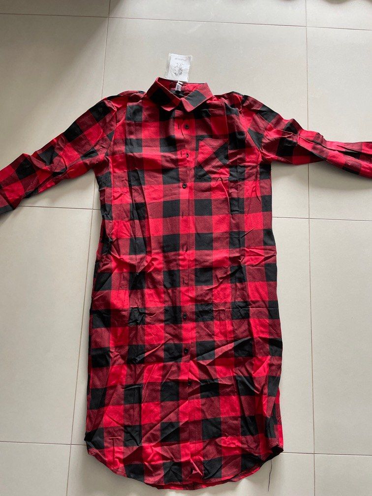 open lace back dress Red Navy Check Long Shirt Dress  GREENIES