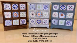 Brand new Paranakan Rustic Style 3 Chest Of Drawers (Small Cabinet) 3 colours