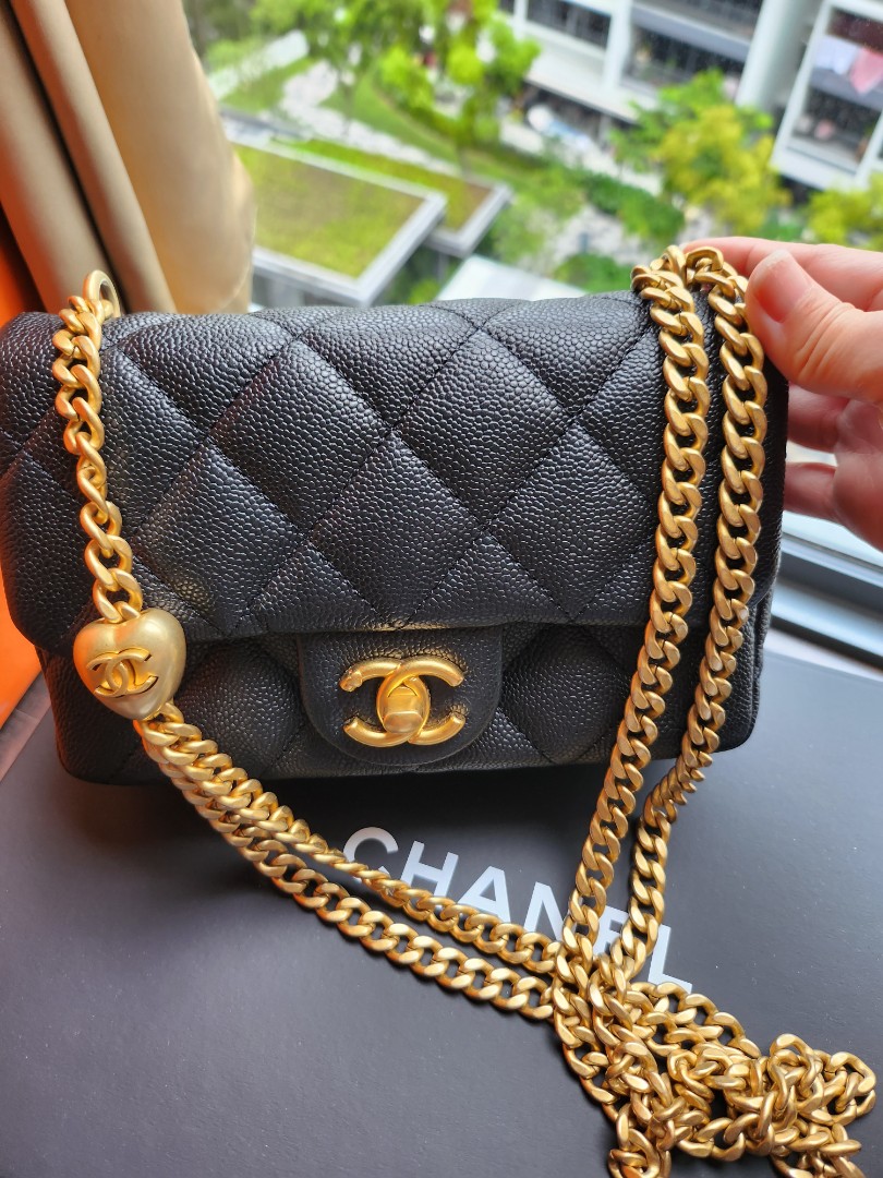 Chanel 23P Sweetheart Mini Rectangular Caviar with adjustable heart-shaped  charm brushed gold hardware