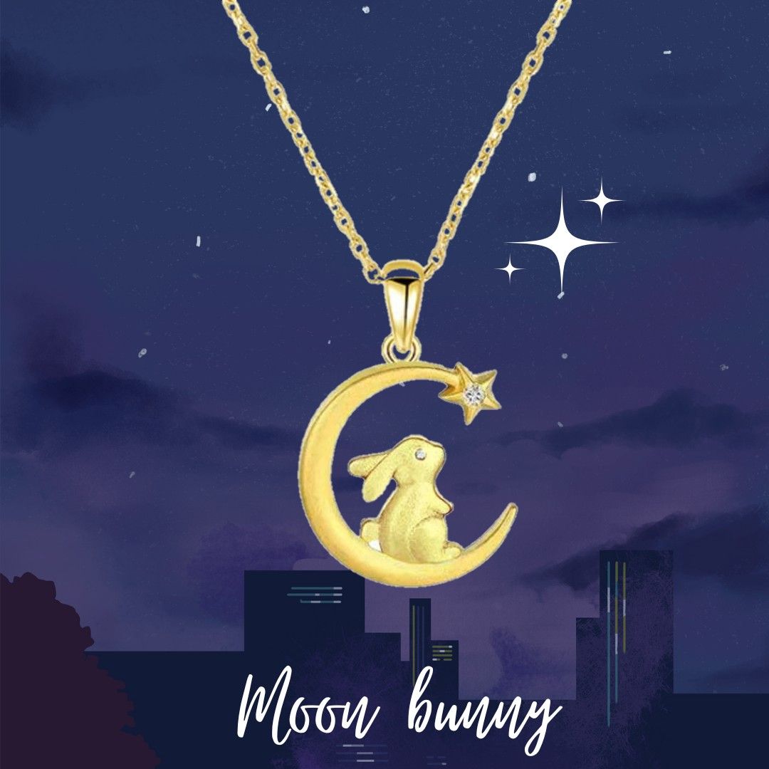 Cute Bunny on Moon necklace rabbit necklace chain rabbit