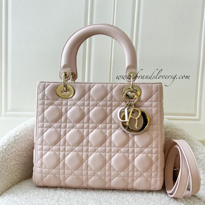 Christian Dior Powder Pink Lambskin Medium Lady Dior LGHW, Luxury, Bags &  Wallets on Carousell