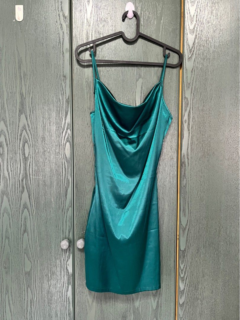 Emerald green satin cami dress for parties clubbing date nights