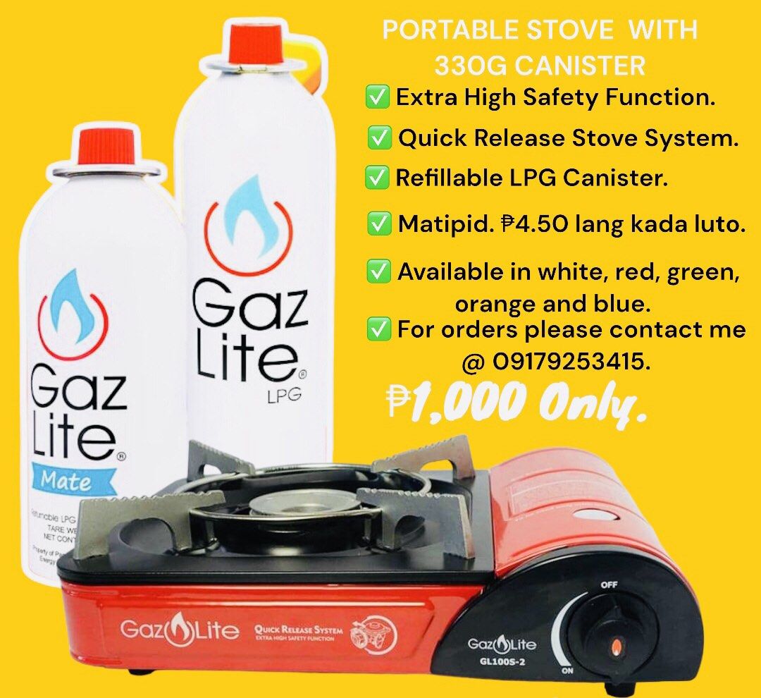 Gaz Lite Portable Stove and Refillable LPG (Category: Other Food & Drinks) located in Makati City. Submitted by odieb (Listing ID 1218004441, Image 1). Description: Para sa madaling pagluluto, tipid at safe gamitin sa loob o labas man ng bahay. ✅ Extra High Safety Function. ✅ Quick Release Stove System. ✅ Refillable LPG Canister. ✅ Matipid. ₱4.50 lang kada luto. ✅ Available in white, red, green, orange and blue. ✅ Pwede kang maging reseller o dea