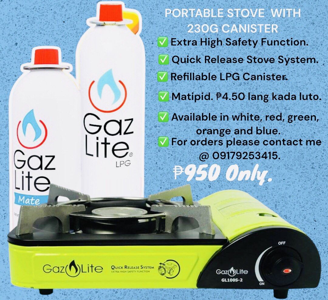 Gaz Lite Portable Stove and Refillable LPG (Category: Other Food & Drinks) located in Makati City. Submitted by odieb (Listing ID 1218004441, Image 2). Description: Para sa madaling pagluluto, tipid at safe gamitin sa loob o labas man ng bahay. ✅ Extra High Safety Function. ✅ Quick Release Stove System. ✅ Refillable LPG Canister. ✅ Matipid. ₱4.50 lang kada luto. ✅ Available in white, red, green, orange and blue. ✅ Pwede kang maging reseller o dea
