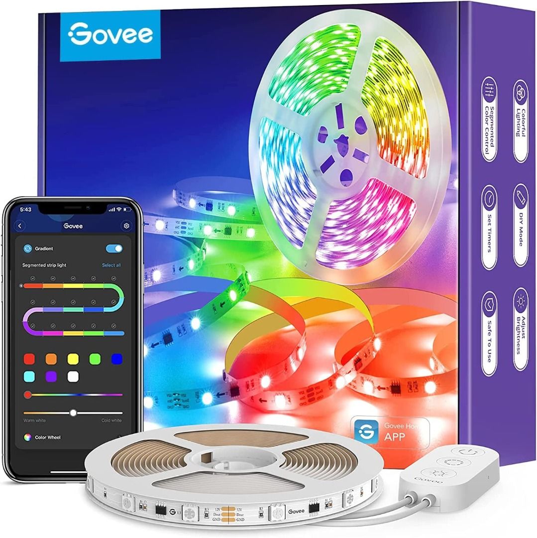 Govee RGBIC LED Strip 5m, Segmented Rainbow-Like Colour Picking LED Lights,  Bluetooth APP Control Music Sync LED Lights for Bedroom, Party, Kitchen,  TV, Furniture & Home Living, Lighting & Fans, Lighting on