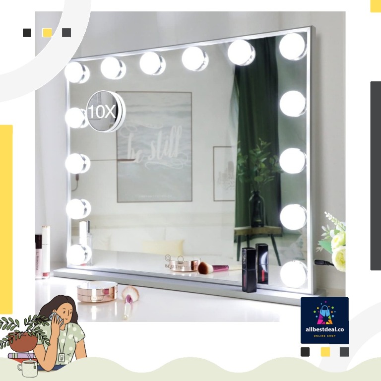 instock~ BEAUTME Hollywood Vanity Mirror with Lights,Lighted Makeup  Dressing Tabletop or Wall Mounted Beauty Mirrors with Dimmer,14pcs Led Bulbs  and 10X Magnification Spot Cosmetic Mirror Included (silver)…, Furniture   Home Living, Home