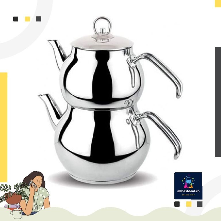 DESTALYA Turkish Teapot Set, Stainless Steel Double Tea Pots for Stove Top, Tea Maker with Strainer, Samovar Tea Kettle, Water H