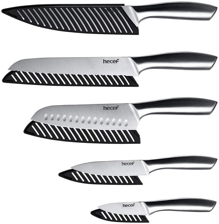  hecef Silver Kitchen knife set of 5, Satin Finish Blade with  Hollow Handle, includes 8 Chef, 8 Bread, 8 Santoku, 5 Utility and 3.5  paring knife: Home & Kitchen