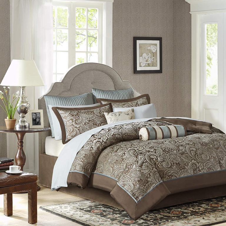 instock Madison Park Aubrey King Size Bed Comforter Set Bed In A Bag Blue Brown Paisley Jacquard 12 Pieces Bedding Sets Ultra Soft Microfiber Bedroom Comforters Furniture