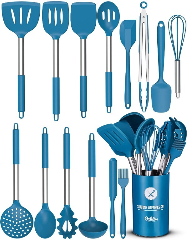 Orblue Silicone Cooking Utensil Set, 14-Piece Kitchen Utensils with Holder,  Safe Food-Grade Silicone Heads and Stainless Steel Handles with Heat-Proof  Silicone Handle Covers, Blue 