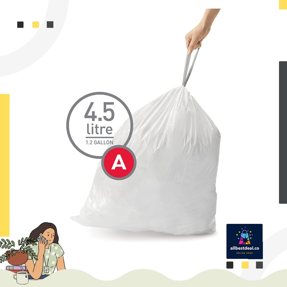 simplehuman Code A Custom Fit Drawstring Trash Bags in Dispenser Packs, 90  Count, 4.5 Liter / 1.2 Gallon, White