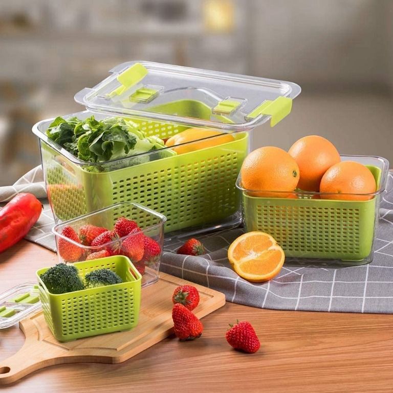 Fruit Vegetable Storage Containers for Fridge 4 Pack Draining Fresh  Containers 3 in 1 Produce Saver Storage Containers Large Organizer Bins  with Lid & Colander for Salad Meet Storage 