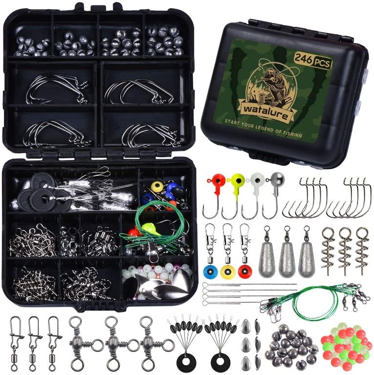 instock~ watalure 246pcs Fishing Accessories Equipment Kit Including Sinker  Bullet Weights,Fishing Swivels Snap,Sinker Slides,Jig Hook,Fishing Tackle  Box for Bass Trout Freshwater Saltwater, Sports Equipment, Fishing on  Carousell