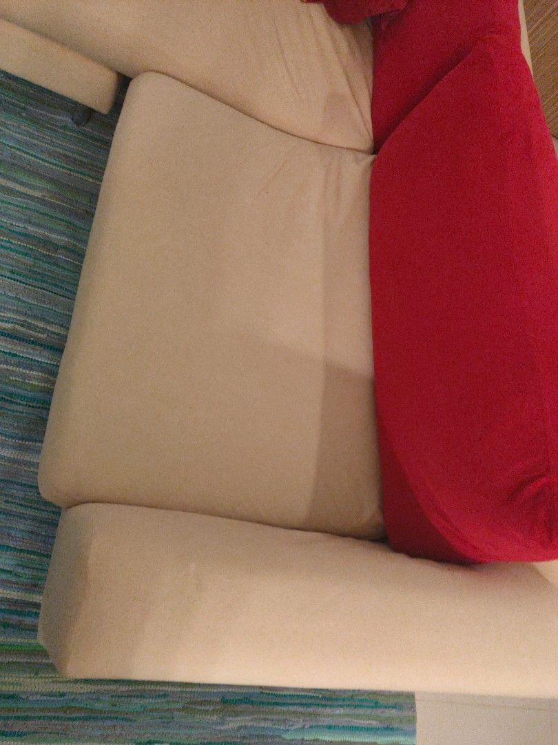 L shaped sofa, cream coloured, with pillows, Furniture & Home Living