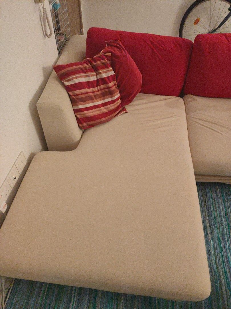 L shaped sofa, cream coloured, with pillows, Furniture & Home Living