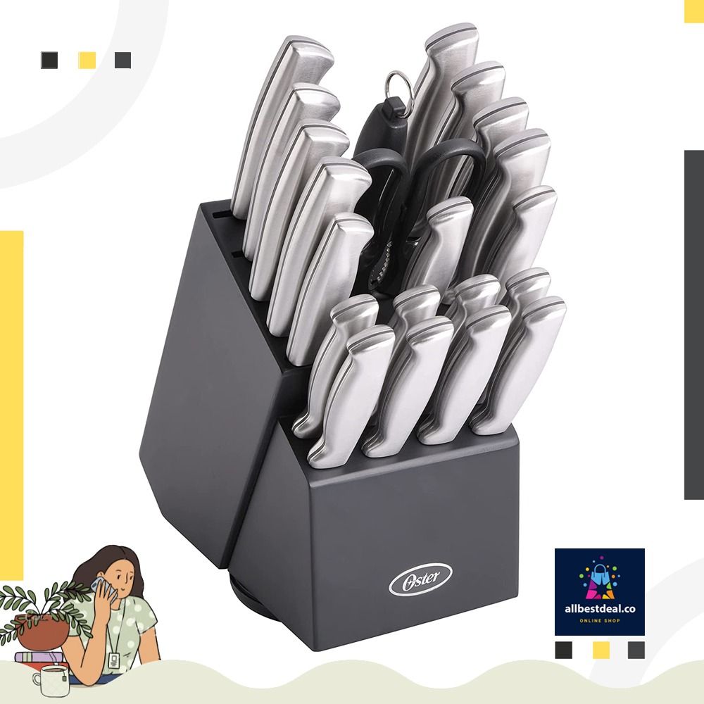Oster Baldwyn 22-Piece Cutlery Block Set, Brushed Satin