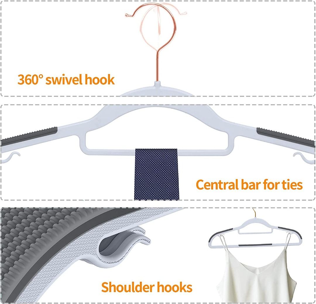 Grey Heavy Duty Non Slip Velvet Hangers With Trouser & Tie Bar 360 Swivel  Hook Pack of 30
