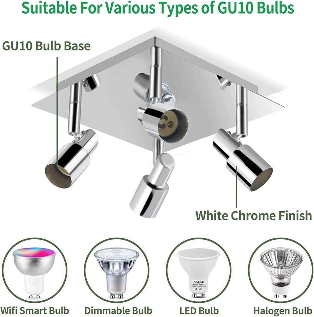 POLESTI Modern Square 4 Way GU10 LED Ceiling Light Fitting, Silver Chrome GU10 Ceiling Spotlight ...