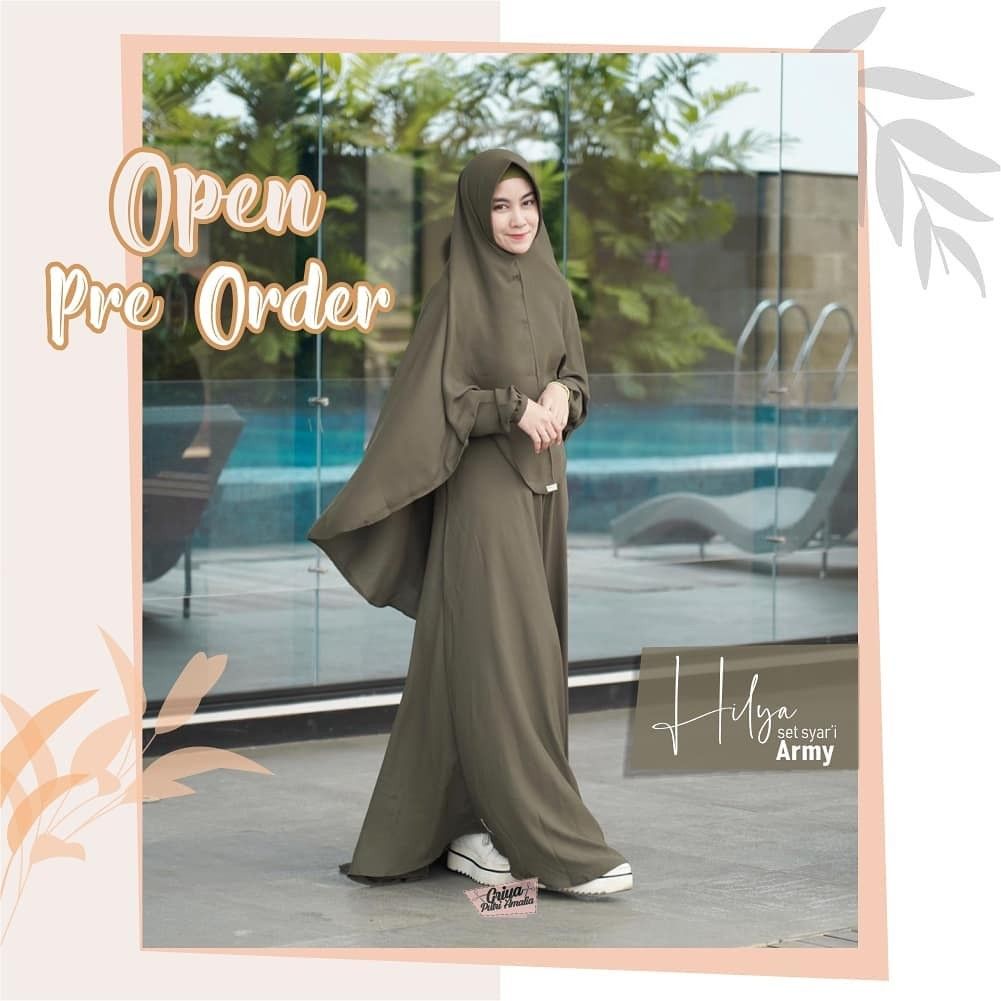 Preloved Set Gamis Syari Dress Khimar warna army by