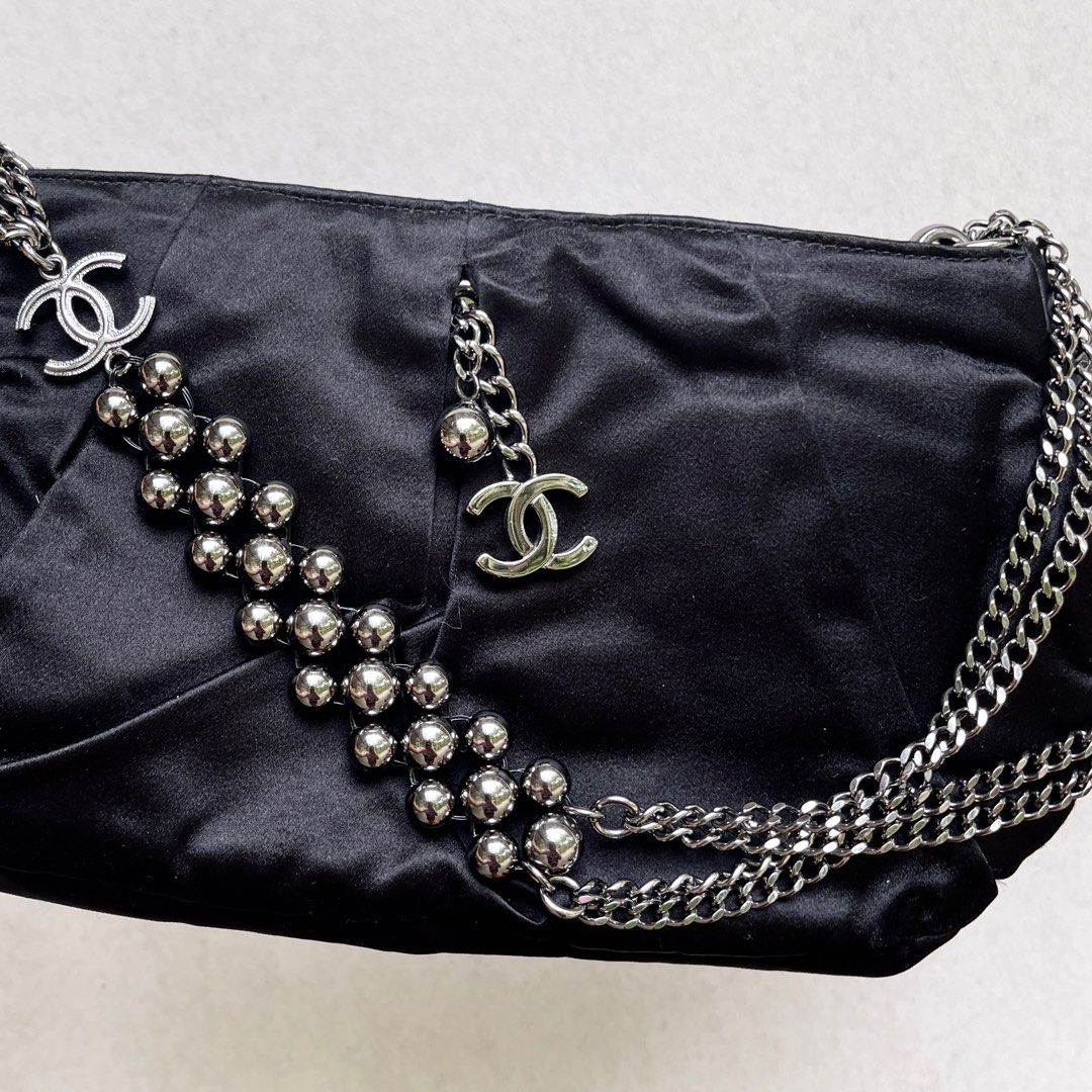 Chanel Diana Shoulder Bag Black Stripe Quilted Satin