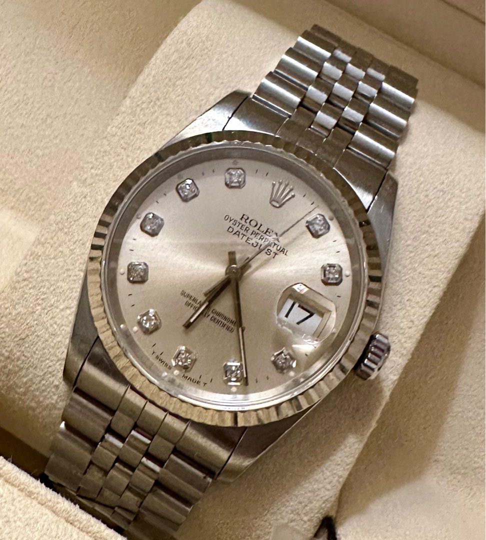 Rolex Mens Datejust 16234 Big Factory Diamond Silver Dial 36MM