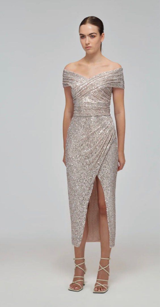 self portrait silver sequin midi dress Sequined midi dress in silver - Self Portrait