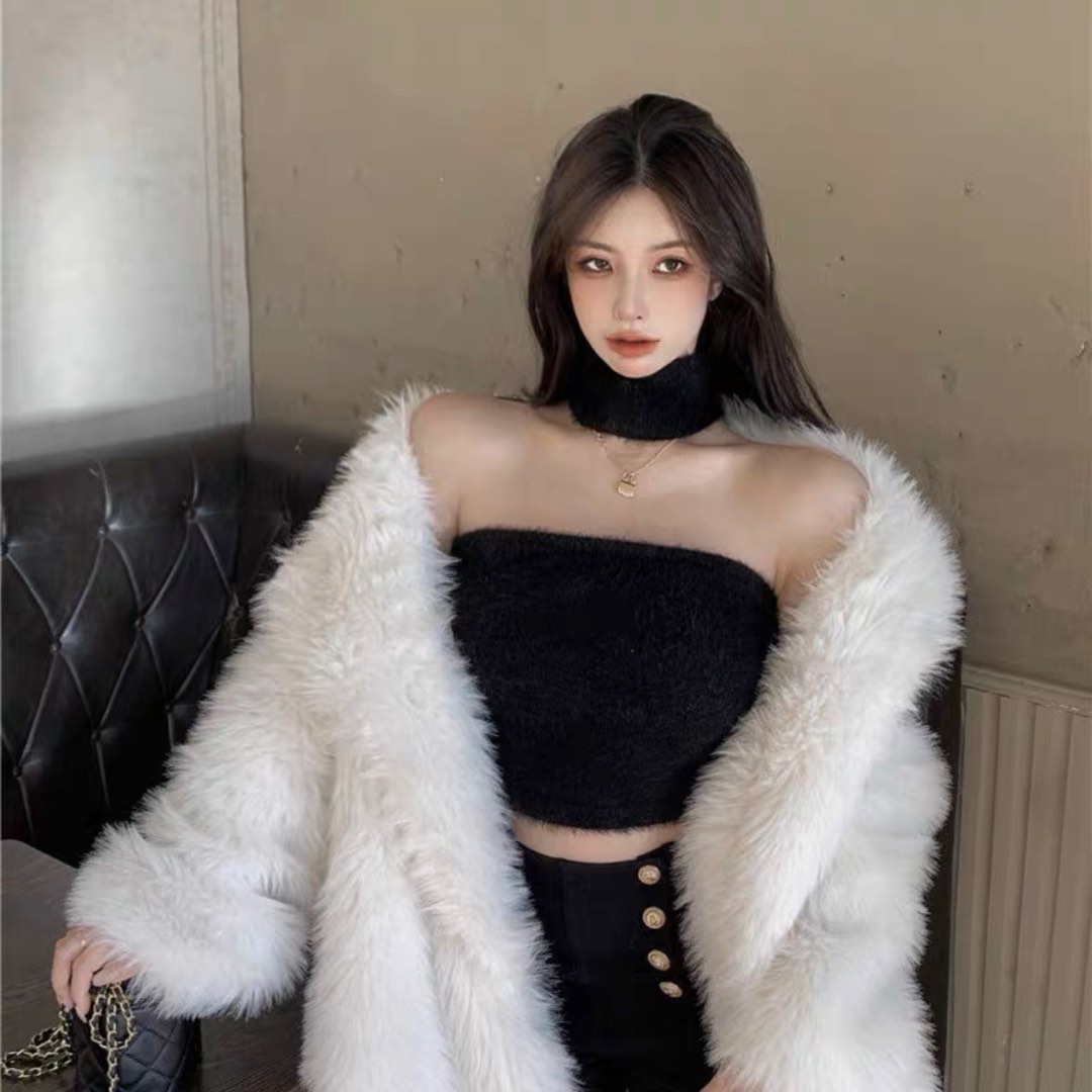 Sexy black furry choker top Women s Fashion Tops Sleeveless on
