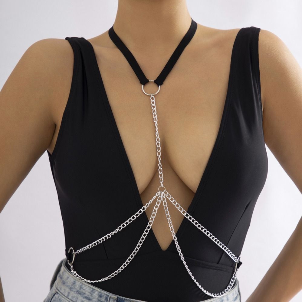 Silver Layered Body Chain with Black Elastic Adjustable Fashion