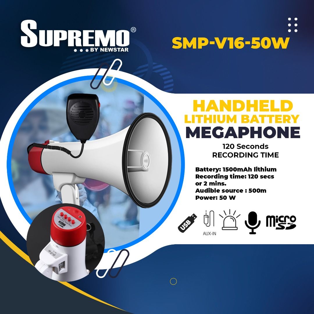 Supremo High Power Handheld Megaphones 50Watts (Category: Soundbars, Speakers & Amplifiers) located in Manila. Submitted by e2s_marketing (Listing ID 1218010289, Image 2). Description: Supremo High Power Handheld Megaphones 📣 Item Model: SMP-V16-50W SPECIFICATION: • Battery: 1500mAh Lithium Battery • Recording Time: 120 seconds • Audible Range: 500 meters • Material: Imported PP Materials • Power: 50 Watts FUNCTIONS: ✅ Talk - Record - Play ✅ Sir