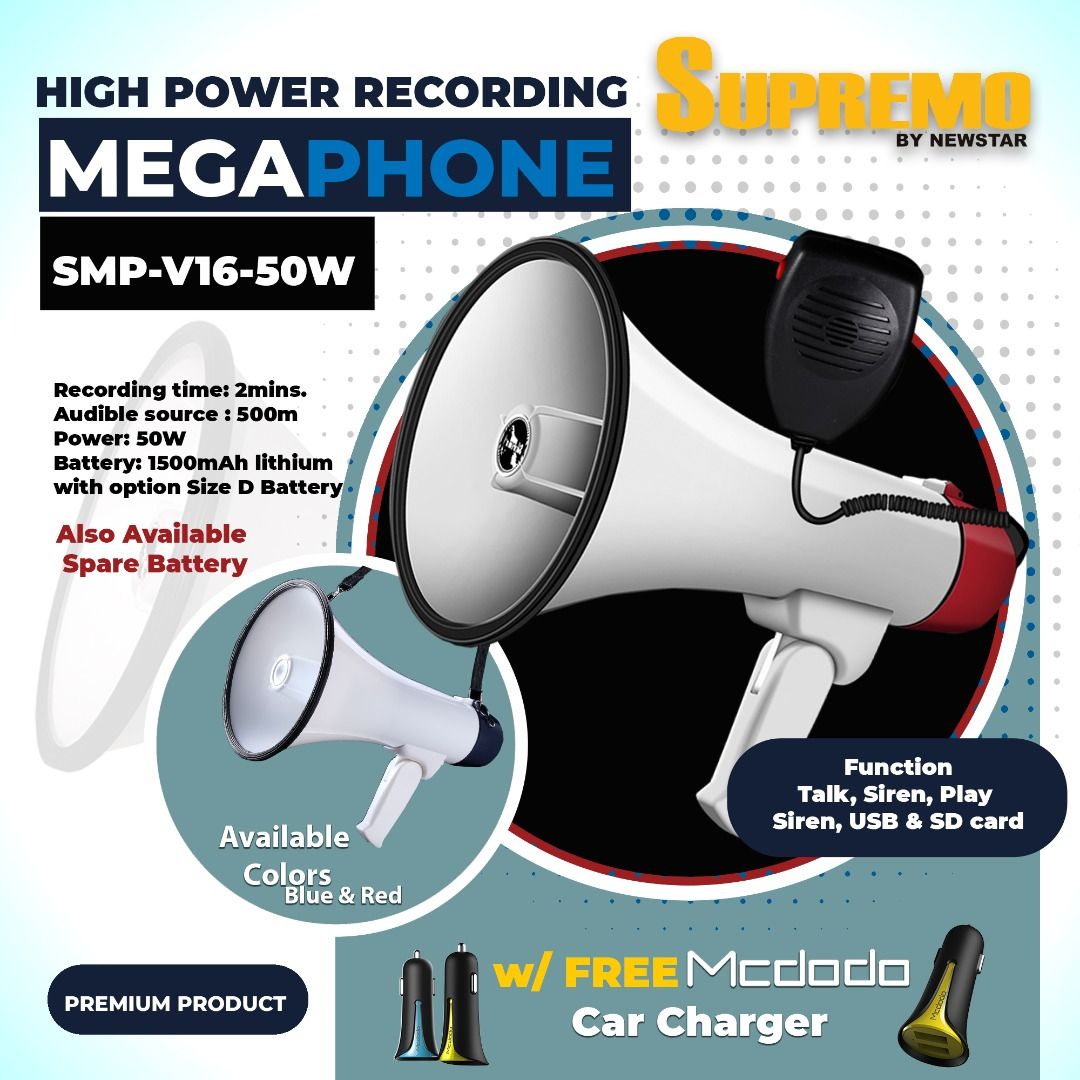 Supremo High Power Handheld Megaphones 50Watts (Category: Soundbars, Speakers & Amplifiers) located in Manila. Submitted by e2s_marketing (Listing ID 1218010289, Image 1). Description: Supremo High Power Handheld Megaphones 📣 Item Model: SMP-V16-50W SPECIFICATION: • Battery: 1500mAh Lithium Battery • Recording Time: 120 seconds • Audible Range: 500 meters • Material: Imported PP Materials • Power: 50 Watts FUNCTIONS: ✅ Talk - Record - Play ✅ Sir