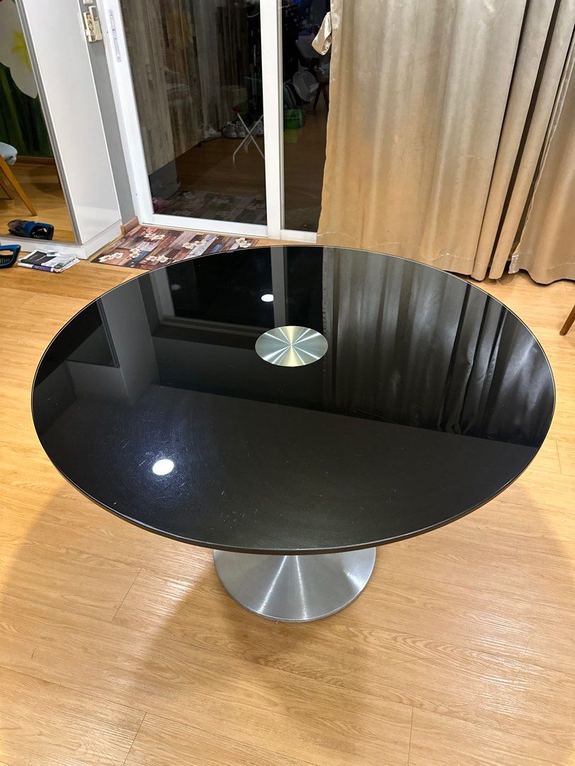 Unique black tempered glass round table, Furniture & Home Living