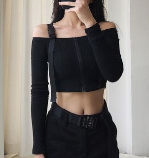 utility style black off shoulder top with belt buckles