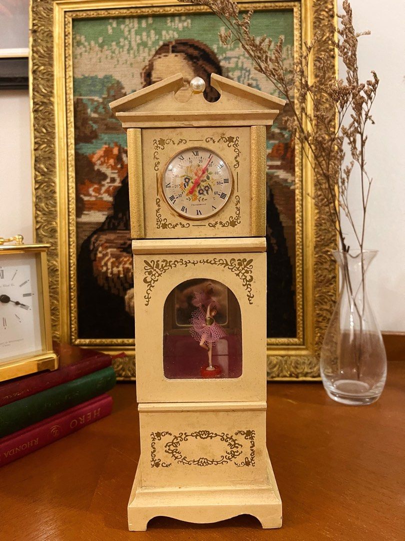 Vintage Wooden French Music Box Mini Grandfather Thermometer Ballerina