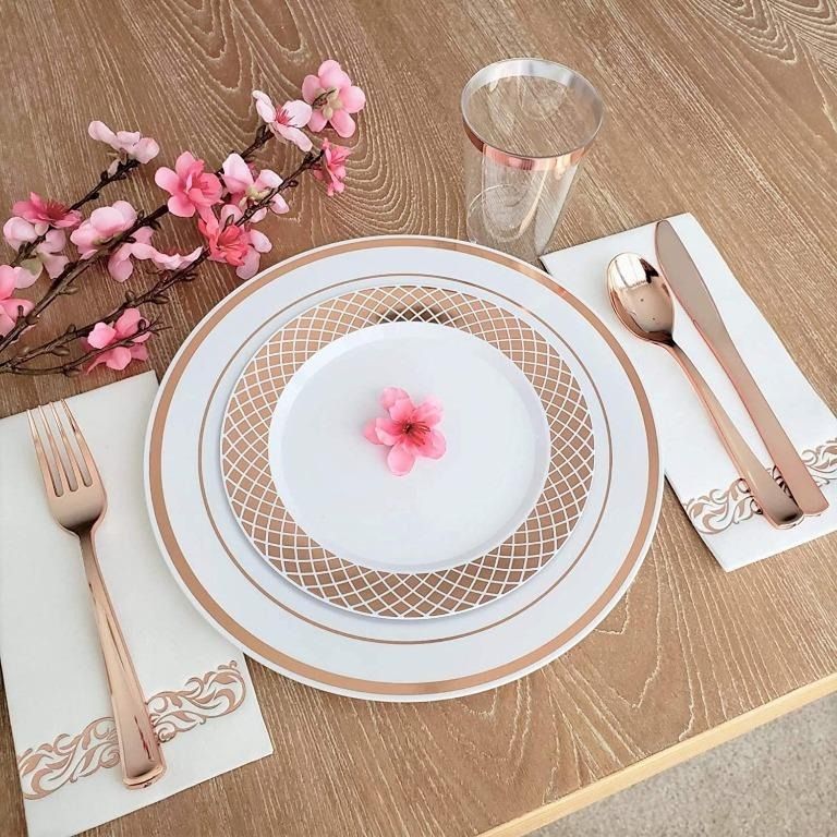 VNSG Rose Gold Plastic Plate Set 175pcs for 25 Guests Rose Gold