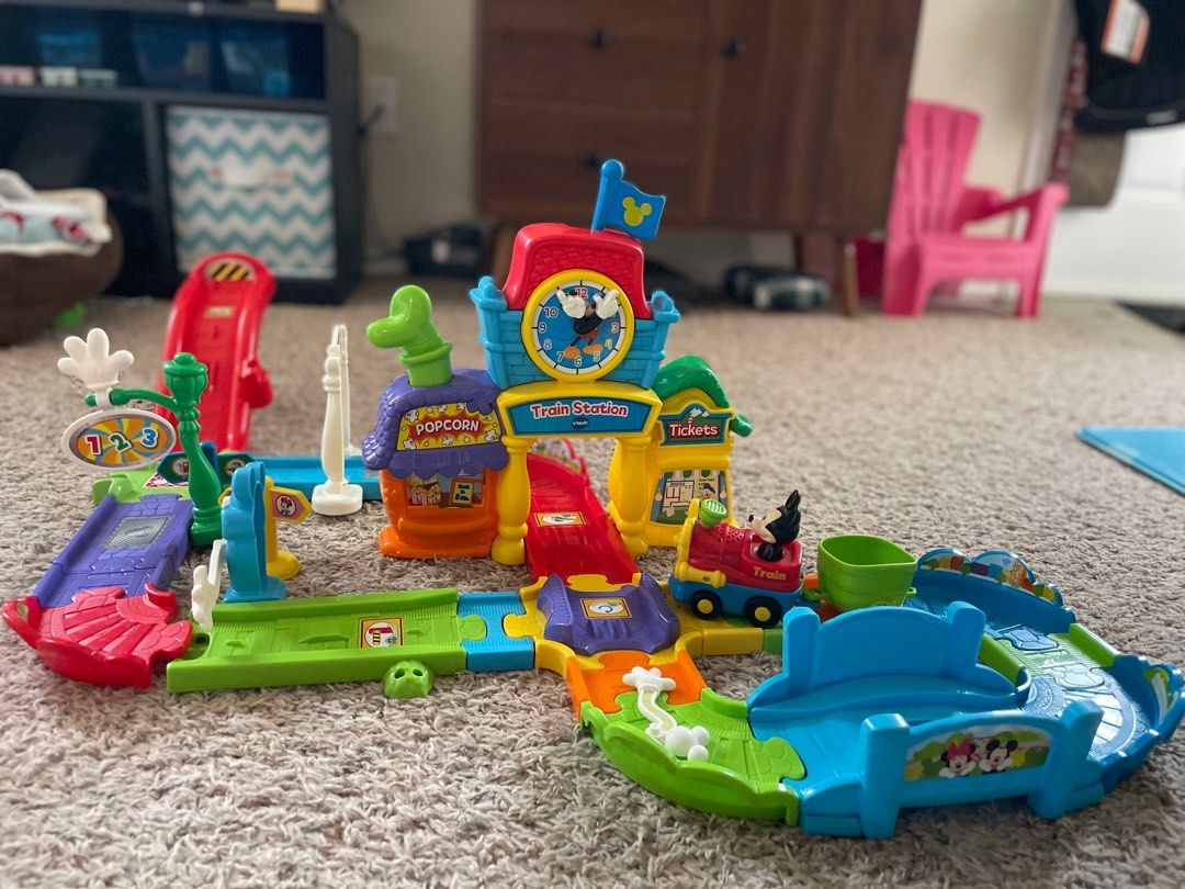 Bundle Vtech Go go Mickey Mouse and train station train set, Hobbies