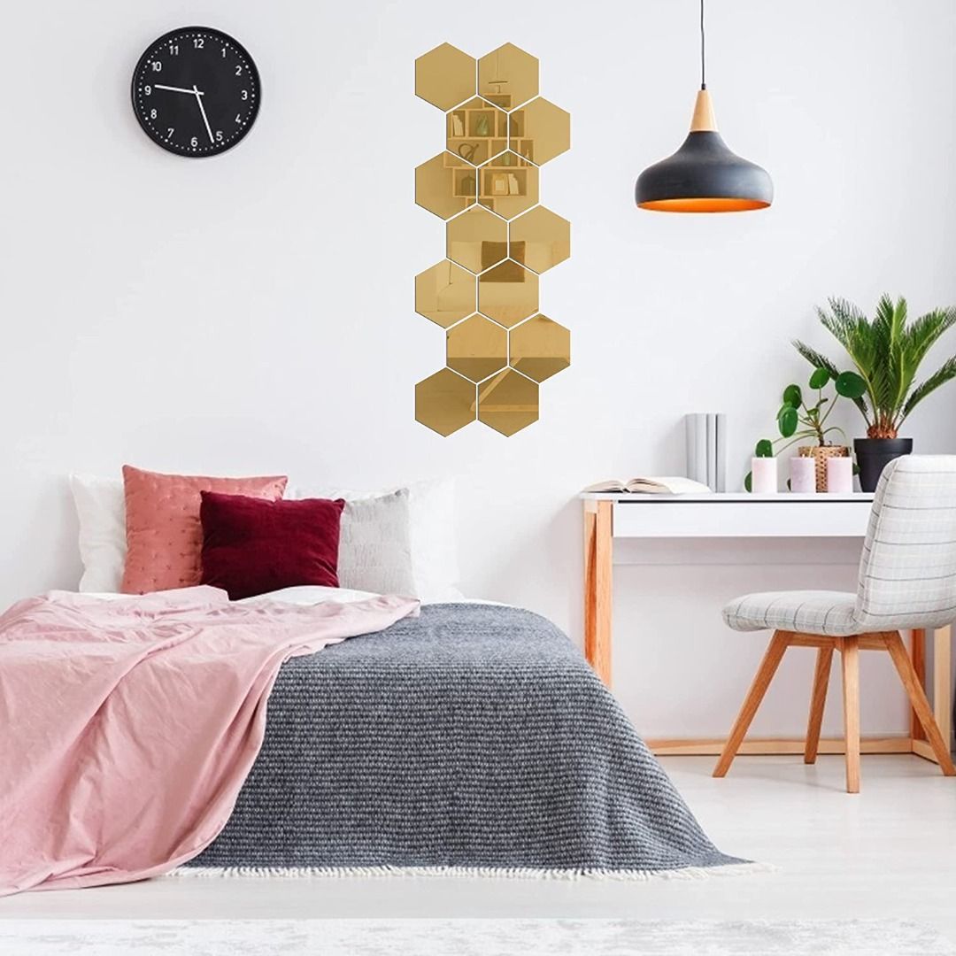 Wall Stickers, LYGZTing 24 PCS Gold Wall Decor Removable Mirror Stickers  DIY Acrylic Mirror Stickers for Walls Hexagon Mirror Wall Stickers Non  Glass