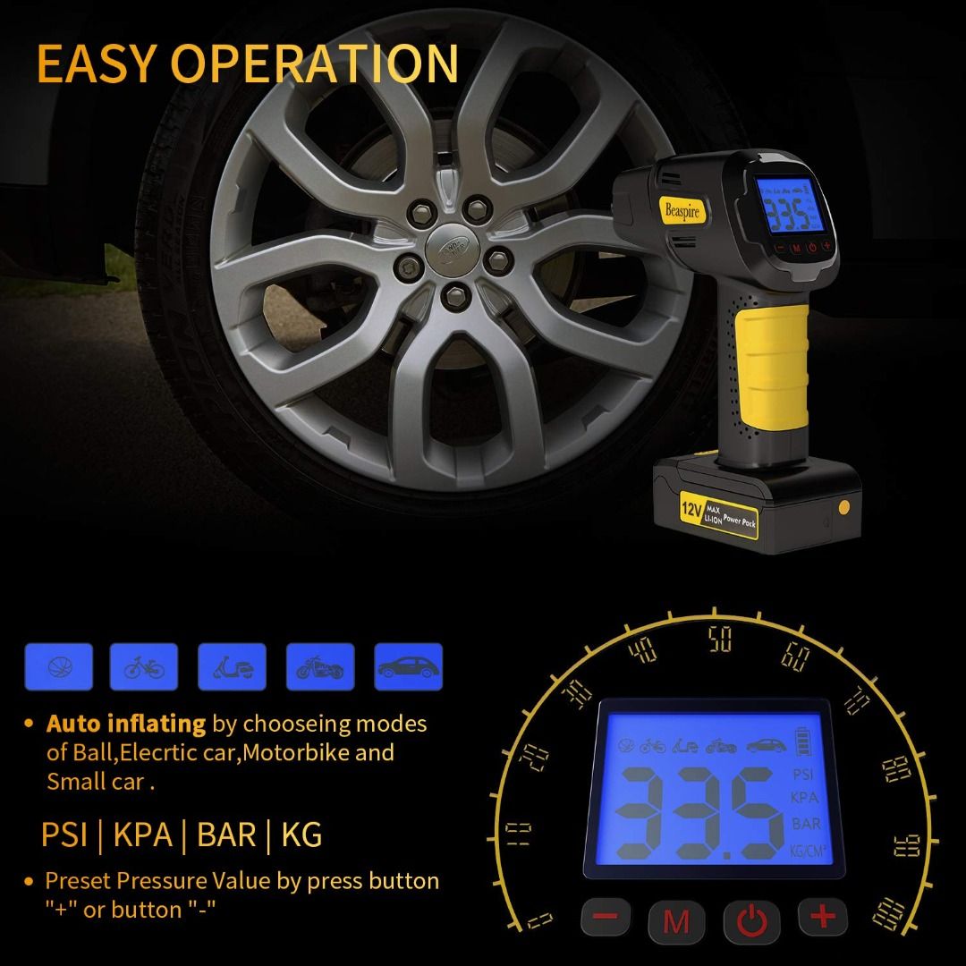 3691 Beaspire Tyre Inflator TPMS Portable Tyre Pump 700Kpa Digital Car Air Compressor with Backlit Display and Build in Flashlight 12V