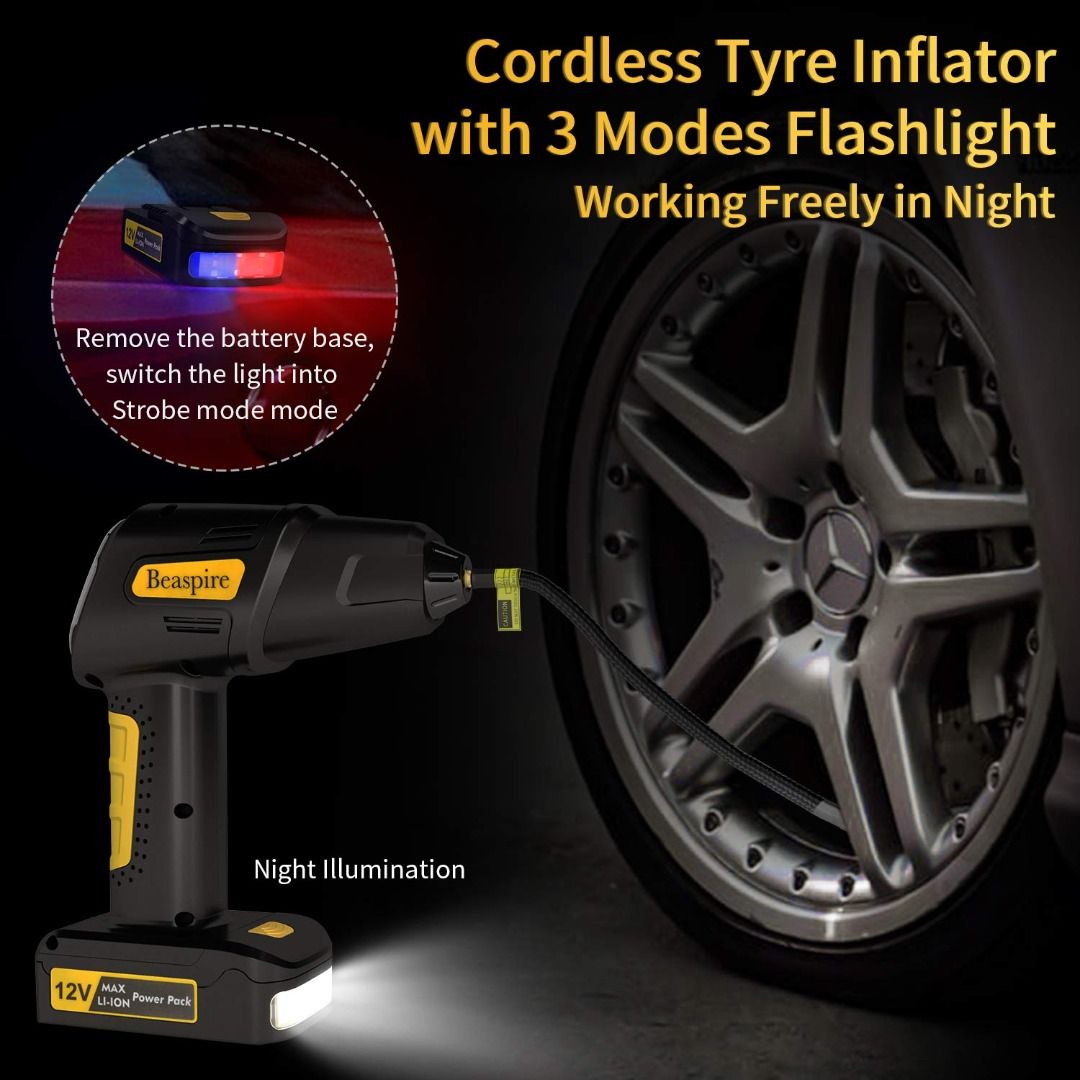 3691 Beaspire Tyre Inflator TPMS Portable Tyre Pump 700Kpa Digital Car Air Compressor with Backlit Display and Build in Flashlight 12V
