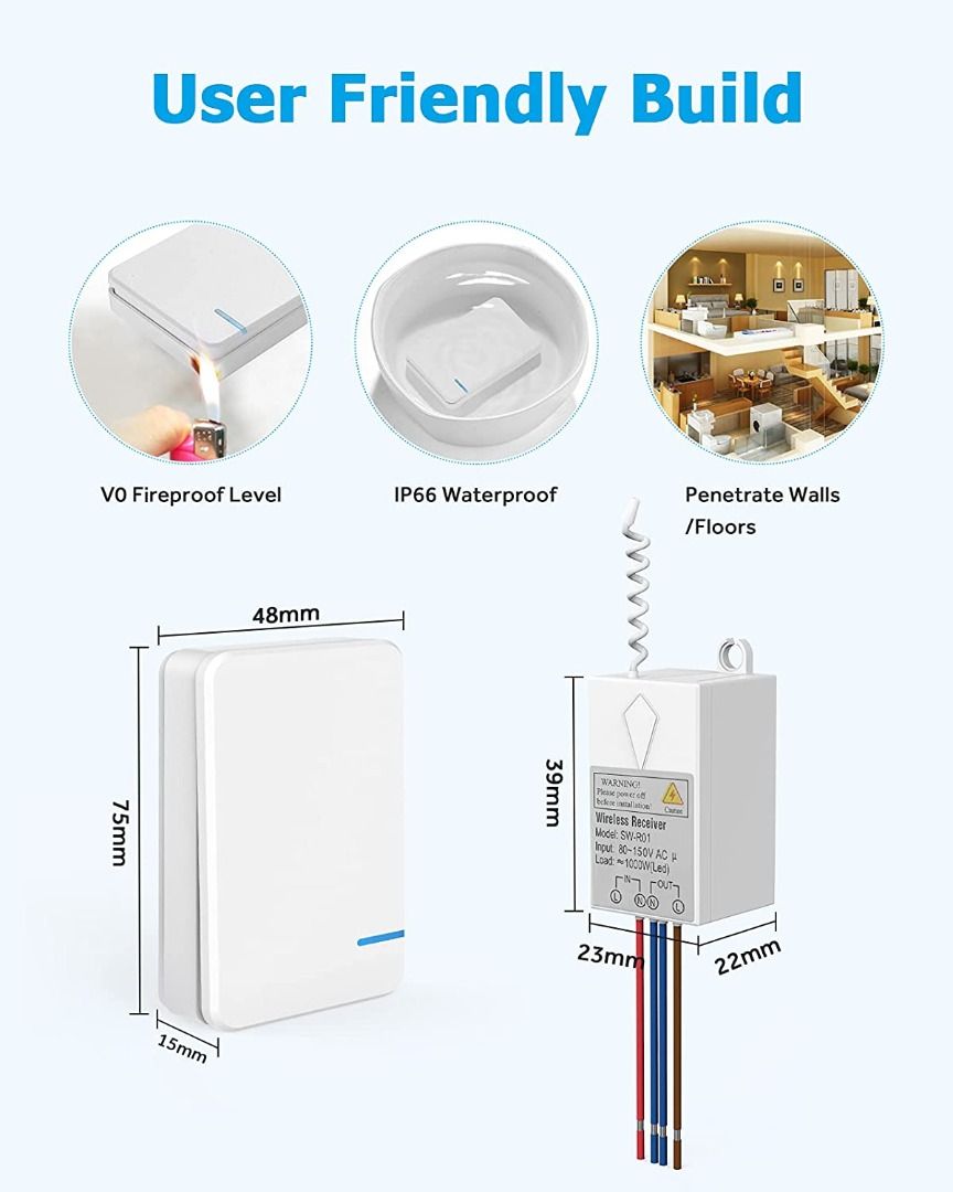 Generic Thinkbee Wireless Lights Switch Kit, No Wiring Mini Remote