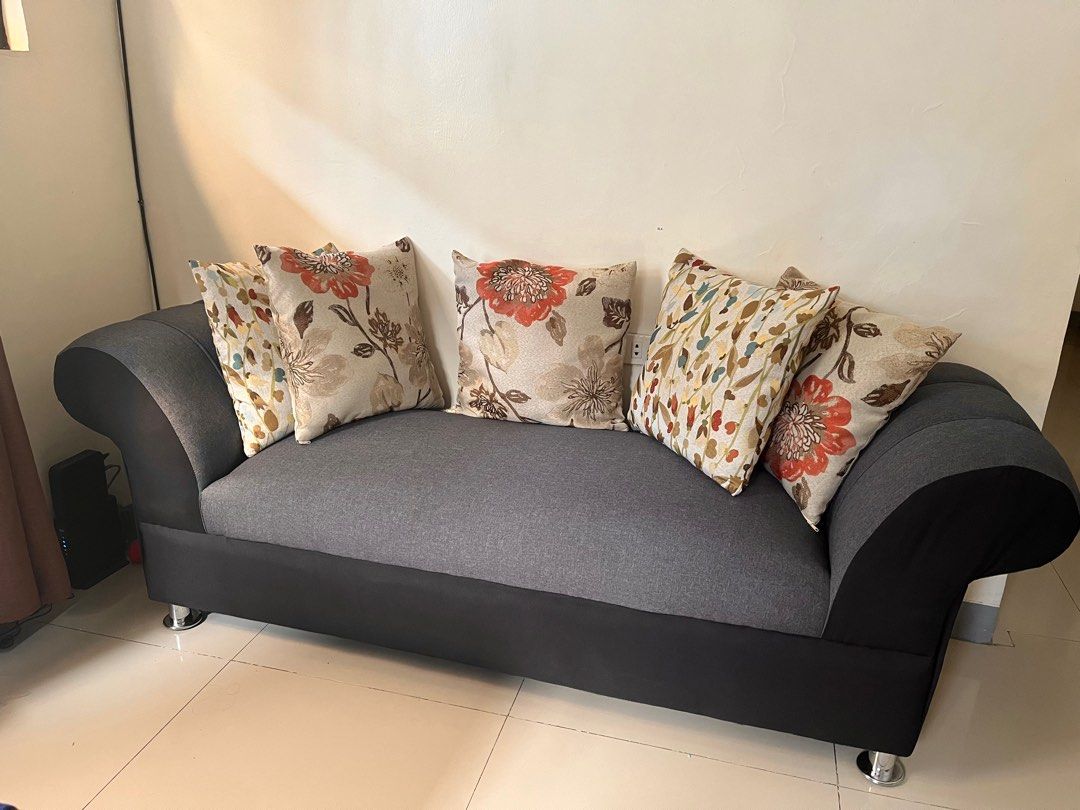 Cleopatra Grey Three Seater (Category: Sofas) located in Paranaque City. Submitted by abby_e_g (Listing ID 1219768876, Image 1). Description: Brandnew Uratex Foam Fabric Made Stainless Steel Feet.