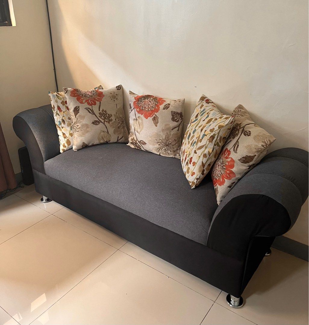 Cleopatra Grey Three Seater (Category: Sofas) located in Paranaque City. Submitted by abby_e_g (Listing ID 1219768876, Image 3). Description: Brandnew Uratex Foam Fabric Made Stainless Steel Feet.