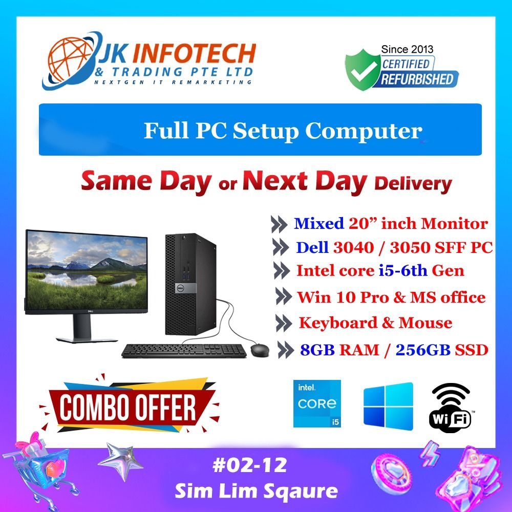 Combo Offer Home Business Full Computer Setup Refurbished Mixed  Brand 20 inch Monitor with Dell