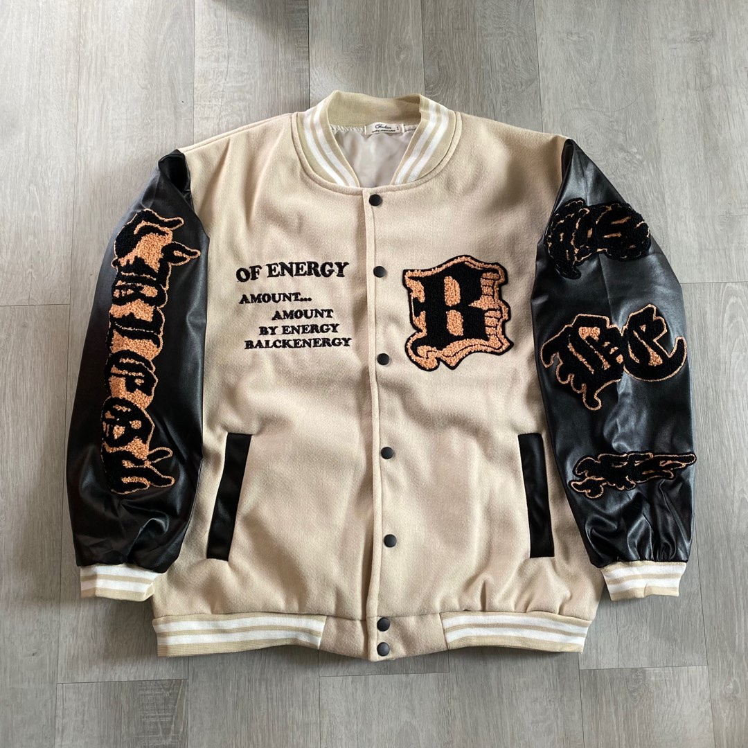 Cream & Black Letterman Varsity Jacket, Men's Fashion, Coats, Jackets and Outerwear on Carousell